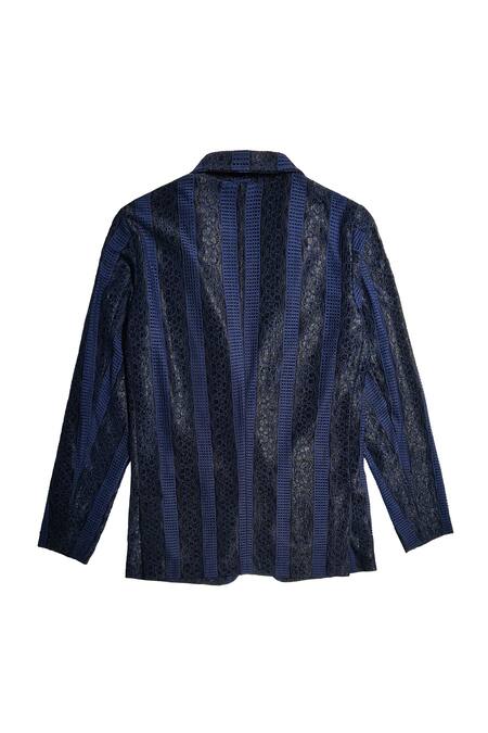 Buy_Dash And Dot_Blue Polyester Lace Stripe Pattern Blazer _Online_at_Aza_Fashions