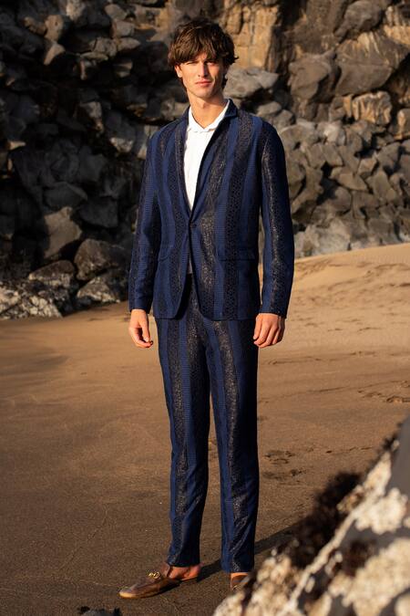 Shop_Dash And Dot_Blue Polyester Lace Stripe Pattern Blazer _Online_at_Aza_Fashions