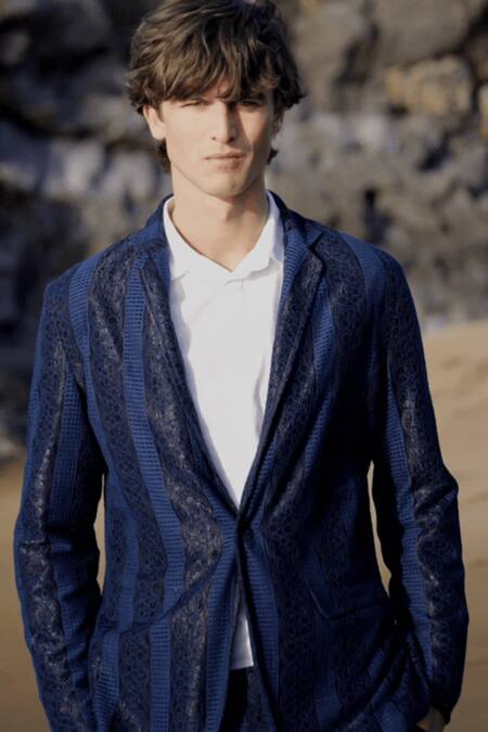 Shop_Dash And Dot_Blue Polyester Lace Stripe Pattern Blazer 