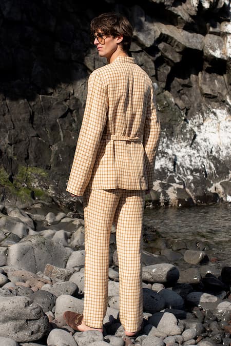 Shop Dash And Dot Beige Linen Chequered Pattern Shirt With Pant at Aza Fashions Shop_Dash And Dot_Beige Linen Chequered Pattern Shirt With Pant _at_Aza_Fashions