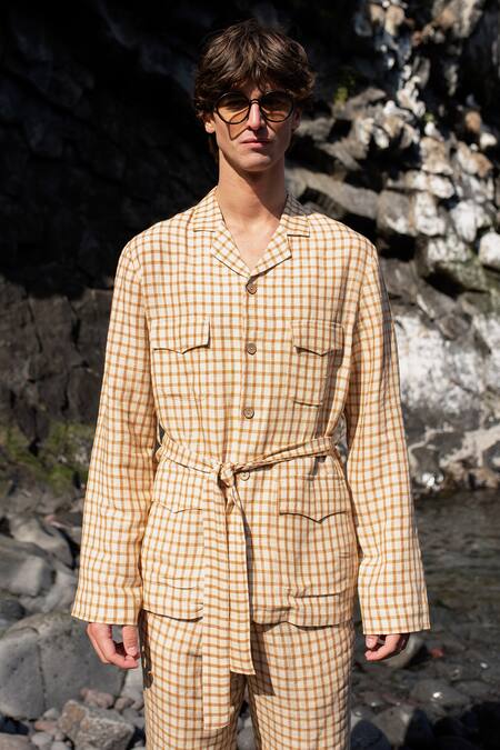 Shop Dash And Dot Beige Linen Chequered Pattern Shirt With Pant Online at Aza Fashions Shop_Dash And Dot_Beige Linen Chequered Pattern Shirt With Pant _Online_at_Aza_Fashions