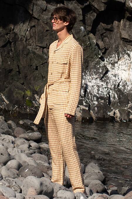 Buy Dash And Dot Beige Linen Chequered Pattern Shirt With Pant Buy_Dash And Dot_Beige Linen Chequered Pattern Shirt With Pant