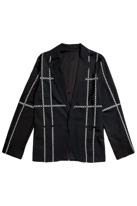 Dash And Dot Black Lycra, Viscose, Polyester Embroidery Cross Stitch Jacket With Pant Online at Aza Fashions Dash And Dot_Black Lycra, Viscose, Polyester Embroidery Cross Stitch Jacket With Pant _Online_at_Aza_Fashions