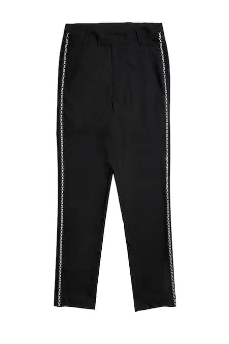 Shop Dash And Dot Black Lycra, Viscose, Polyester Embroidery Cross Stitch Jacket With Pant Online at Aza Fashions Shop_Dash And Dot_Black Lycra, Viscose, Polyester Embroidery Cross Stitch Jacket With Pant _Online_at_Aza_Fashions