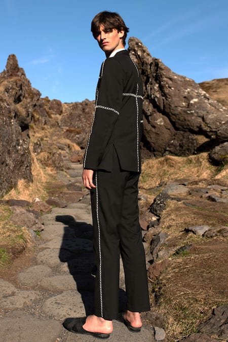 Shop Dash And Dot Black Lycra, Viscose, Polyester Embroidery Cross Stitch Jacket With Pant at Aza Fashions Shop_Dash And Dot_Black Lycra, Viscose, Polyester Embroidery Cross Stitch Jacket With Pant _at_Aza_Fashions