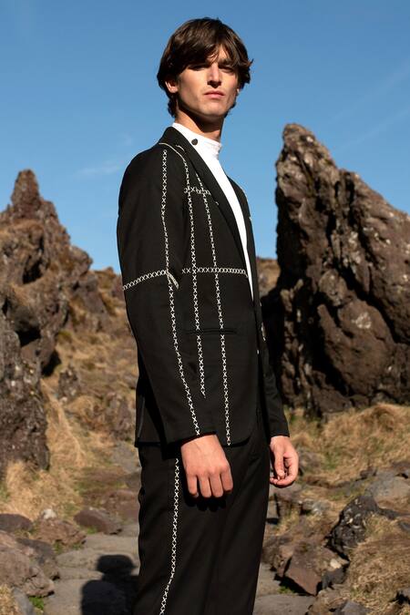 Buy Dash And Dot Black Lycra, Viscose, Polyester Embroidery Cross Stitch Jacket With Pant Buy_Dash And Dot_Black Lycra, Viscose, Polyester Embroidery Cross Stitch Jacket With Pant