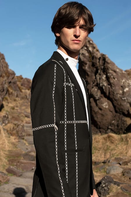 Shop Dash And Dot Black Lycra, Viscose, Polyester Embroidery Cross Stitch Jacket With Pant Shop_Dash And Dot_Black Lycra, Viscose, Polyester Embroidery Cross Stitch Jacket With Pant