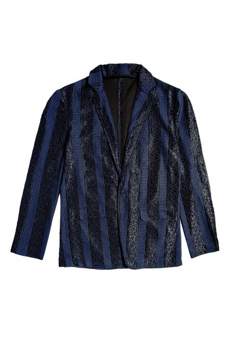 Dash And Dot_Blue Polyester Lace Stripe Pattern Blazer With Pant _Online_at_Aza_Fashions