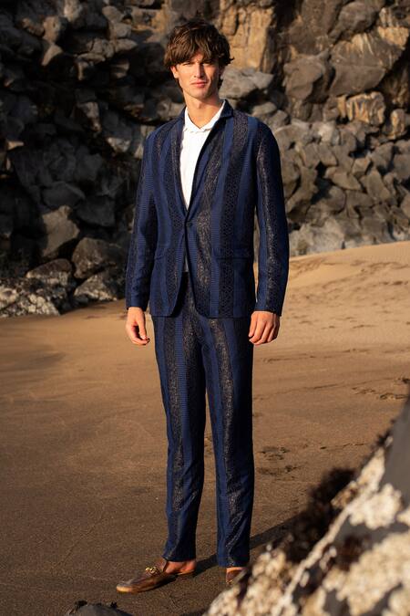 Shop_Dash And Dot_Blue Polyester Lace Stripe Pattern Blazer With Pant _Online_at_Aza_Fashions