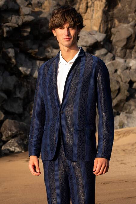 Dash And Dot_Blue Polyester Lace Stripe Pattern Blazer With Pant _at_Aza_Fashions