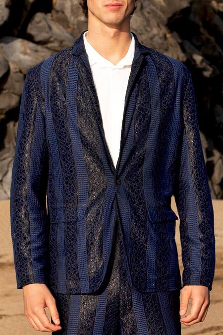 Buy_Dash And Dot_Blue Polyester Lace Stripe Pattern Blazer With Pant 