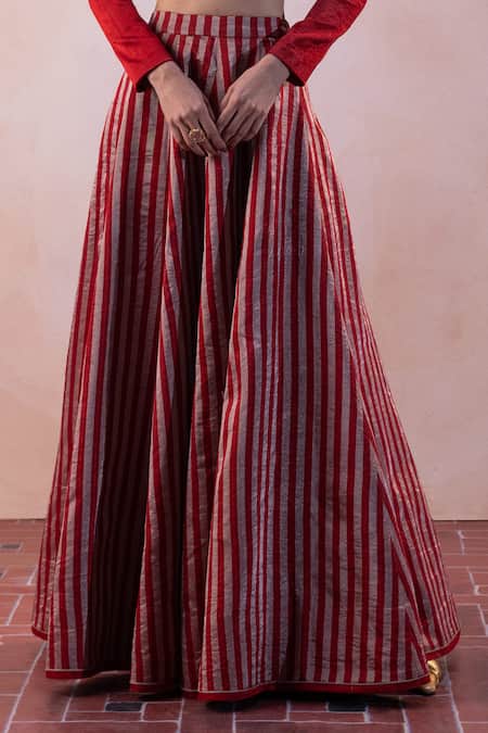 Taisha_Red Silk, Handloom Cotton Zari, Embroidery Collared Tissue Lehenga Set _Online_at_Aza_Fashions