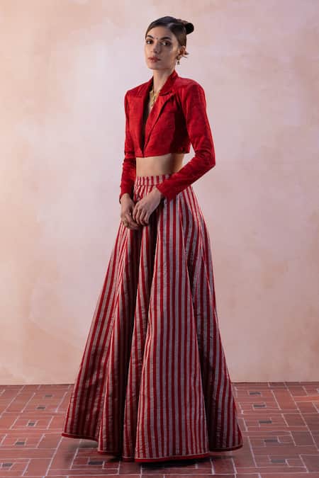 Buy_Taisha_Red Silk, Handloom Cotton Zari, Embroidery Collared Tissue Lehenga Set _Online_at_Aza_Fashions