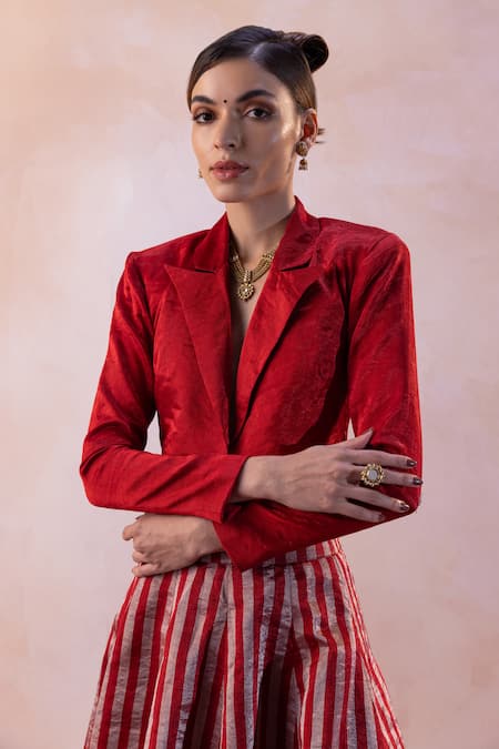 Taisha_Red Silk, Handloom Cotton Zari, Embroidery Collared Tissue Lehenga Set _at_Aza_Fashions