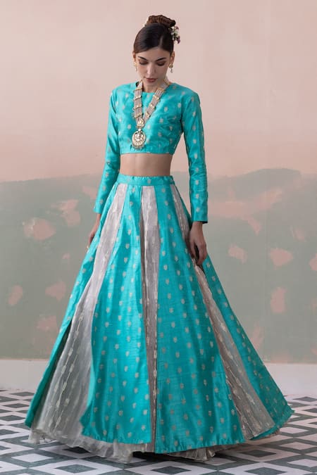 Buy_Taisha_Blue Silk Embroidery Round Neck Handwoven Open Kali Lehenga Set _Online_at_Aza_Fashions