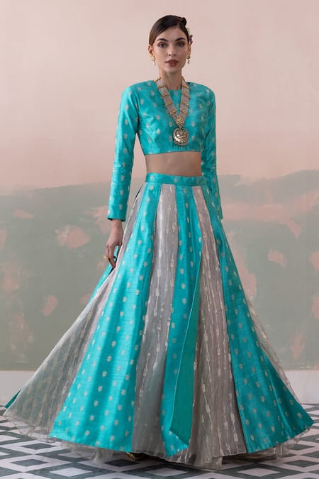 Shop_Taisha_Blue Silk Embroidery Round Neck Handwoven Open Kali Lehenga Set _Online_at_Aza_Fashions