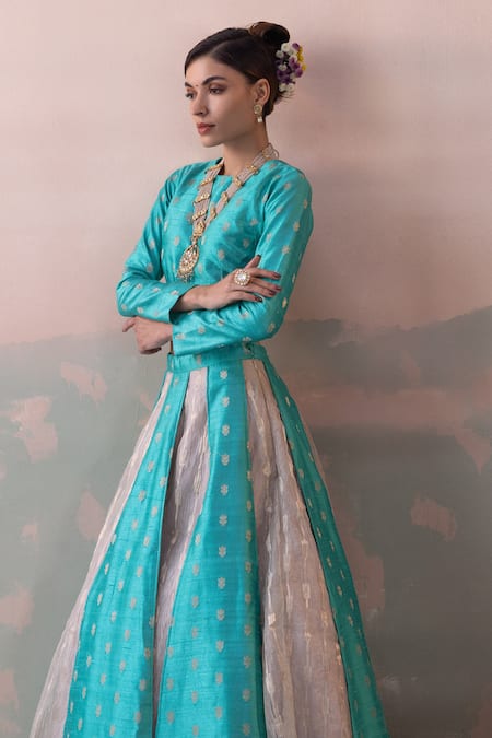 Taisha_Blue Silk Embroidery Round Neck Handwoven Open Kali Lehenga Set _at_Aza_Fashions