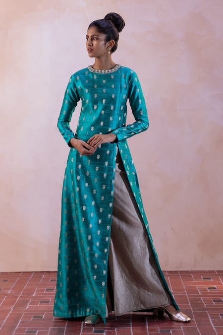 Taisha_Blue Silk, Tissue Embroidery, Beads Round Neck Handwoven Kurta Pant Set _Online_at_Aza_Fashions