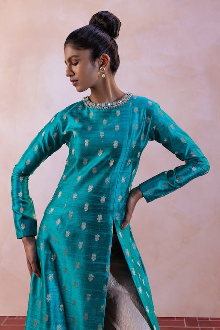 Buy_Taisha_Blue Silk, Tissue Embroidery, Beads Round Neck Handwoven Kurta Pant Set _Online_at_Aza_Fashions