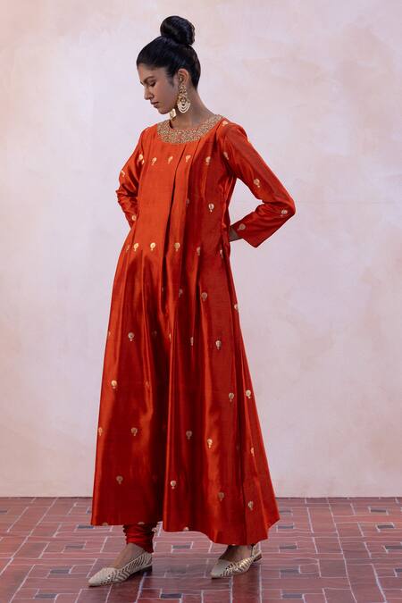 Taisha Orange Silk Handwoven Embroidered Kalidaar And Churidar Set Online at Aza Fashions Taisha_Orange Silk Handwoven Embroidered Kalidaar And Churidar Set _Online_at_Aza_Fashions