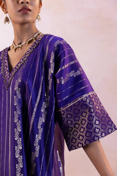 Shop_Taisha_Purple Handloom Cotton, Georgette, Silk Floral Stripe Kurta And Pant Set _Online_at_Aza_Fashions
