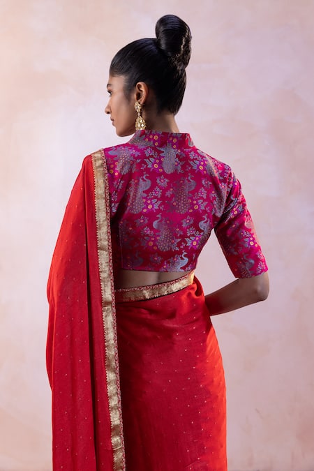 Shop Taisha Multi Color Silk, Handloom Cotton, Satin Handwoven Border Saree With Blouse Online at Aza Fashions Shop_Taisha_Multi Color Silk, Handloom Cotton, Satin Handwoven Border Saree With Blouse _Online_at_Aza_Fashions