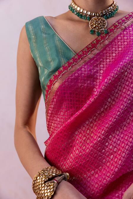Taisha Multi Color Silk, Satin Embroidery V-neck Handwoven Saree With Blouse Online at Aza Fashions Taisha_Multi Color Silk, Satin Embroidery V-neck Handwoven Saree With Blouse _Online_at_Aza_Fashions