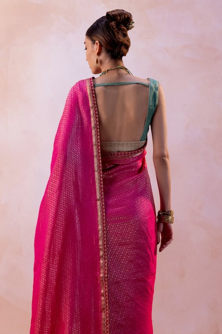 Buy Taisha Multi Color Silk, Satin Embroidery V-neck Handwoven Saree With Blouse Online at Aza Fashions Buy_Taisha_Multi Color Silk, Satin Embroidery V-neck Handwoven Saree With Blouse _Online_at_Aza_Fashions