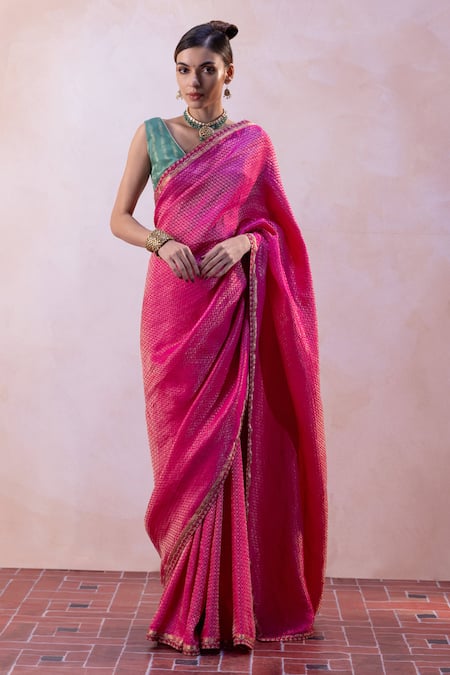 Shop Taisha Multi Color Silk, Satin Embroidery V-neck Handwoven Saree With Blouse Online at Aza Fashions Shop_Taisha_Multi Color Silk, Satin Embroidery V-neck Handwoven Saree With Blouse _Online_at_Aza_Fashions