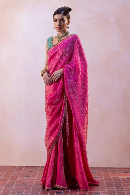 Taisha Multi Color Silk, Satin Embroidery V-neck Handwoven Saree With Blouse at Aza Fashions Taisha_Multi Color Silk, Satin Embroidery V-neck Handwoven Saree With Blouse _at_Aza_Fashions