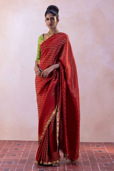 Taisha_Multi Color Silk, Satin Embroidery Stripe Pattern Border Saree With Blouse _Online_at_Aza_Fashions