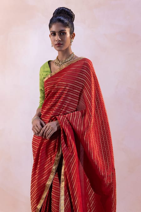 Buy_Taisha_Multi Color Silk, Satin Embroidery Stripe Pattern Border Saree With Blouse _Online_at_Aza_Fashions