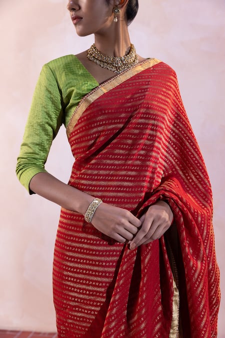 Shop_Taisha_Multi Color Silk, Satin Embroidery Stripe Pattern Border Saree With Blouse _Online_at_Aza_Fashions