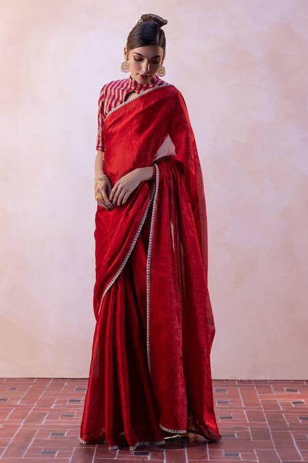 Taisha Red Handloom Cotton, Satin, Silk, Tissue Zari Handwoven Saree With Blouse Online at Aza Fashions Taisha_Red Handloom Cotton, Satin, Silk, Tissue Zari Handwoven Saree With Blouse _Online_at_Aza_Fashions