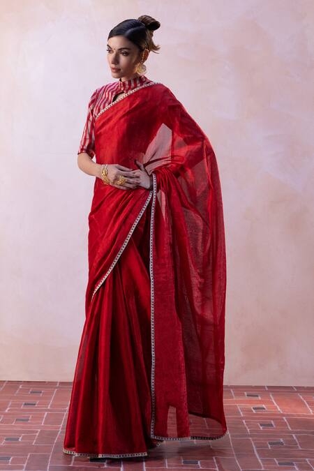 Buy Taisha Red Handloom Cotton, Satin, Silk, Tissue Zari Handwoven Saree With Blouse Online at Aza Fashions Buy_Taisha_Red Handloom Cotton, Satin, Silk, Tissue Zari Handwoven Saree With Blouse _Online_at_Aza_Fashions