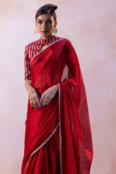 Shop Taisha Red Handloom Cotton, Satin, Silk, Tissue Zari Handwoven Saree With Blouse Online at Aza Fashions Shop_Taisha_Red Handloom Cotton, Satin, Silk, Tissue Zari Handwoven Saree With Blouse _Online_at_Aza_Fashions