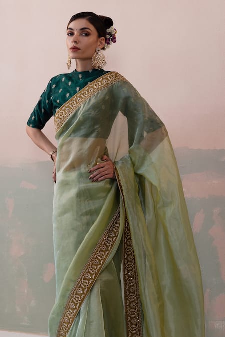 Buy_Taisha_Green Tissue, Silk, Satin Sequins, Embroidery Round Neck Handwoven Saree Set _Online_at_Aza_Fashions