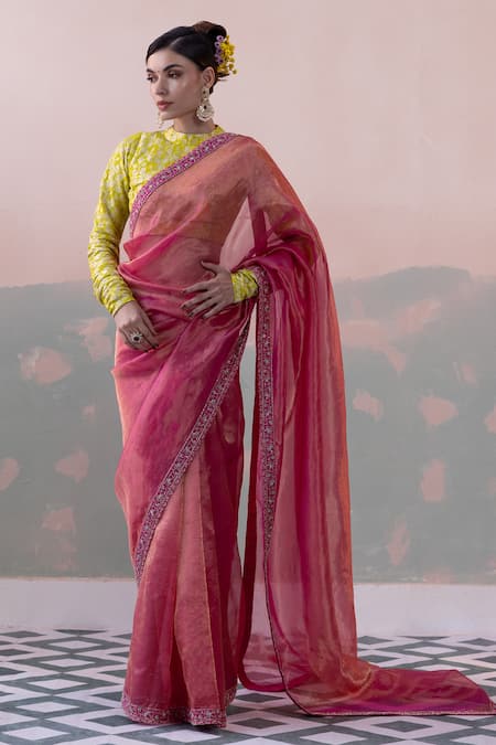 Taisha Multi Color Saree Pure Tissue Silk Embroidered Border With Blouse 
