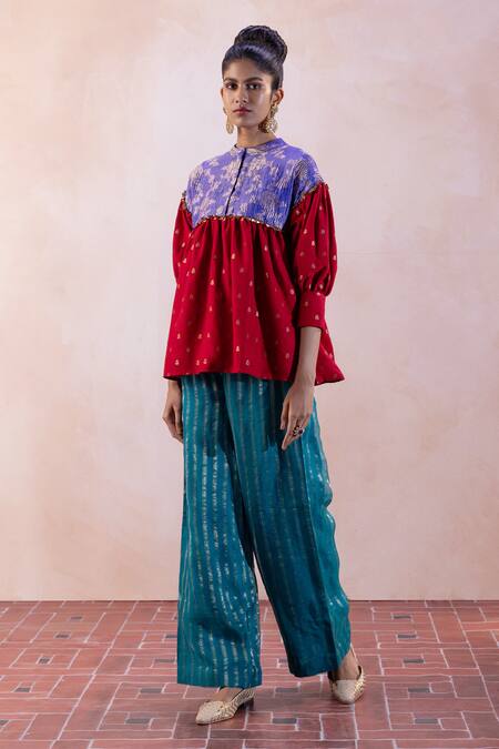 Taisha_Multi Color Mohair, Silk Tassels, Floral Buti Woven Top With Flared Pant _Online_at_Aza_Fashions