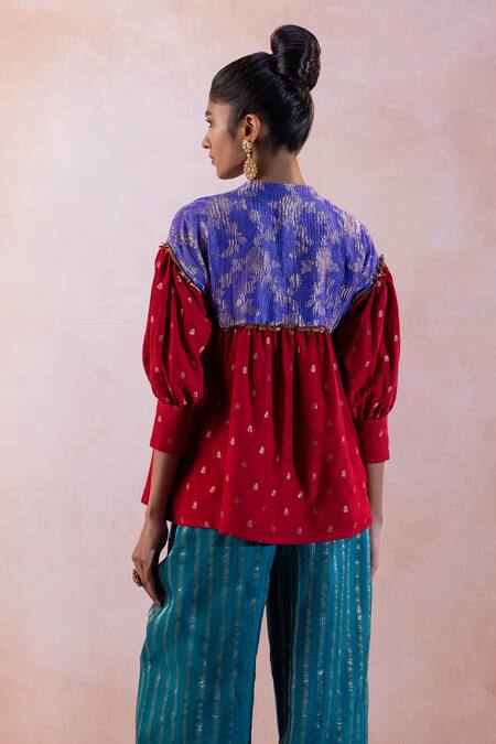 Shop_Taisha_Multi Color Mohair, Silk Tassels, Floral Buti Woven Top With Flared Pant _Online_at_Aza_Fashions