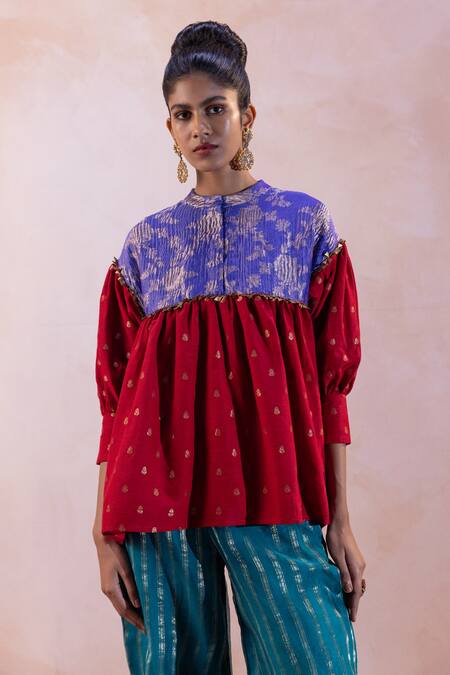 Taisha_Multi Color Mohair, Silk Tassels, Floral Buti Woven Top With Flared Pant _at_Aza_Fashions