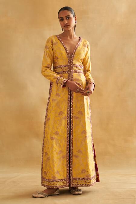 Taisha Multi Color Silk Banarasi Peacock Jaal Woven Jacket Kurta With Flared Pant Online at Aza Fashions Taisha_Multi Color Silk Banarasi Peacock Jaal Woven Jacket Kurta With Flared Pant _Online_at_Aza_Fashions