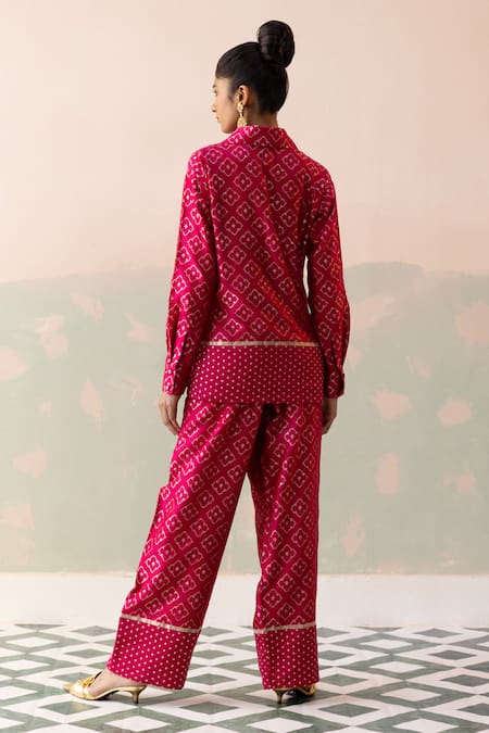 Shop Taisha Maroon Silk, Tissue Diamonds Collared Flowery Jaal Shirt With Pant at Aza Fashions Shop_Taisha_Maroon Silk, Tissue Diamonds Collared Flowery Jaal Shirt With Pant _at_Aza_Fashions