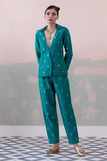 Taisha_Green Mohair, Silk Embroidery Bloom Bud Woven Blazer With Pant _Online_at_Aza_Fashions
