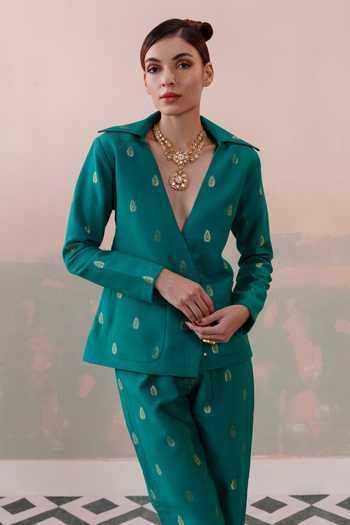 Buy_Taisha_Green Mohair, Silk Embroidery Bloom Bud Woven Blazer With Pant _Online_at_Aza_Fashions