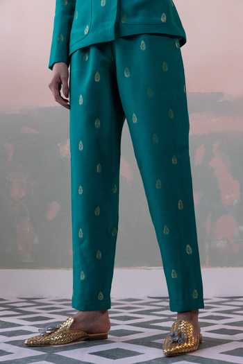 Shop_Taisha_Green Mohair, Silk Embroidery Bloom Bud Woven Blazer With Pant _Online_at_Aza_Fashions