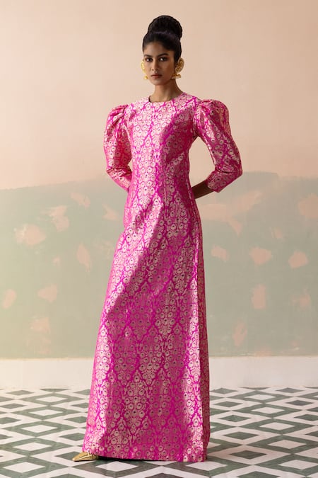 Taisha_Pink Kota Doria, Silk Round Neck Parrot Forest Woven Gown _Online_at_Aza_Fashions
