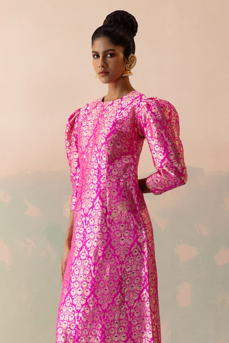 Buy_Taisha_Pink Kota Doria, Silk Round Neck Parrot Forest Woven Gown _Online_at_Aza_Fashions