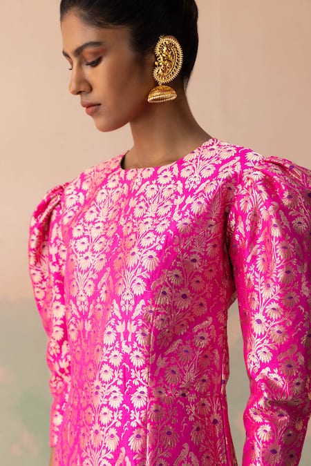 Shop_Taisha_Pink Kota Doria, Silk Round Neck Parrot Forest Woven Gown _Online_at_Aza_Fashions