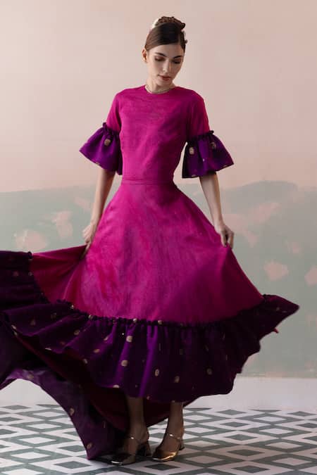 Taisha_Multi Color Silk Fringe Round Bandhani Buti Frill Lantern Sleeves High Low Gown _Online_at_Aza_Fashions